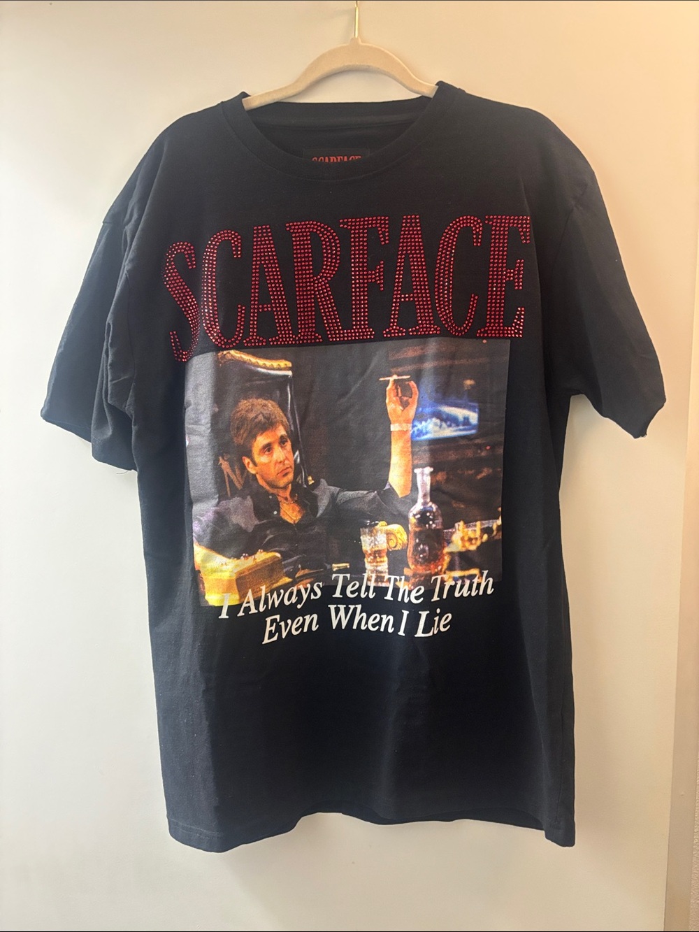 Fashion Nova Black Scarface Graphic Tee with Red Crystal Lettering